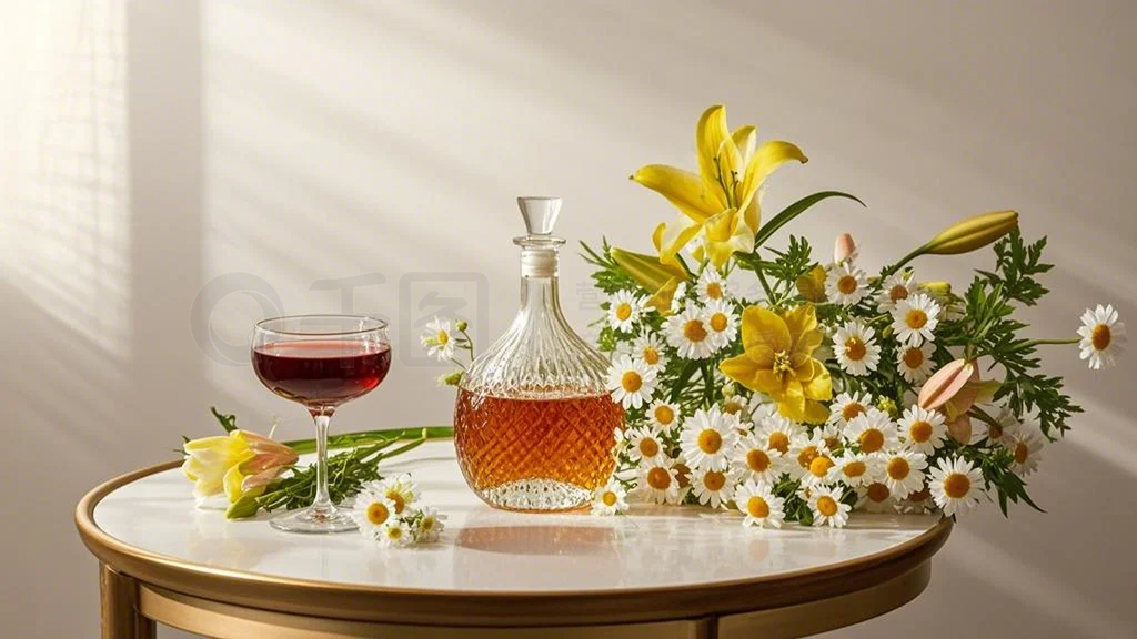 紅酒杯與雛菊 情人節(jié)家居的優(yōu)雅定格